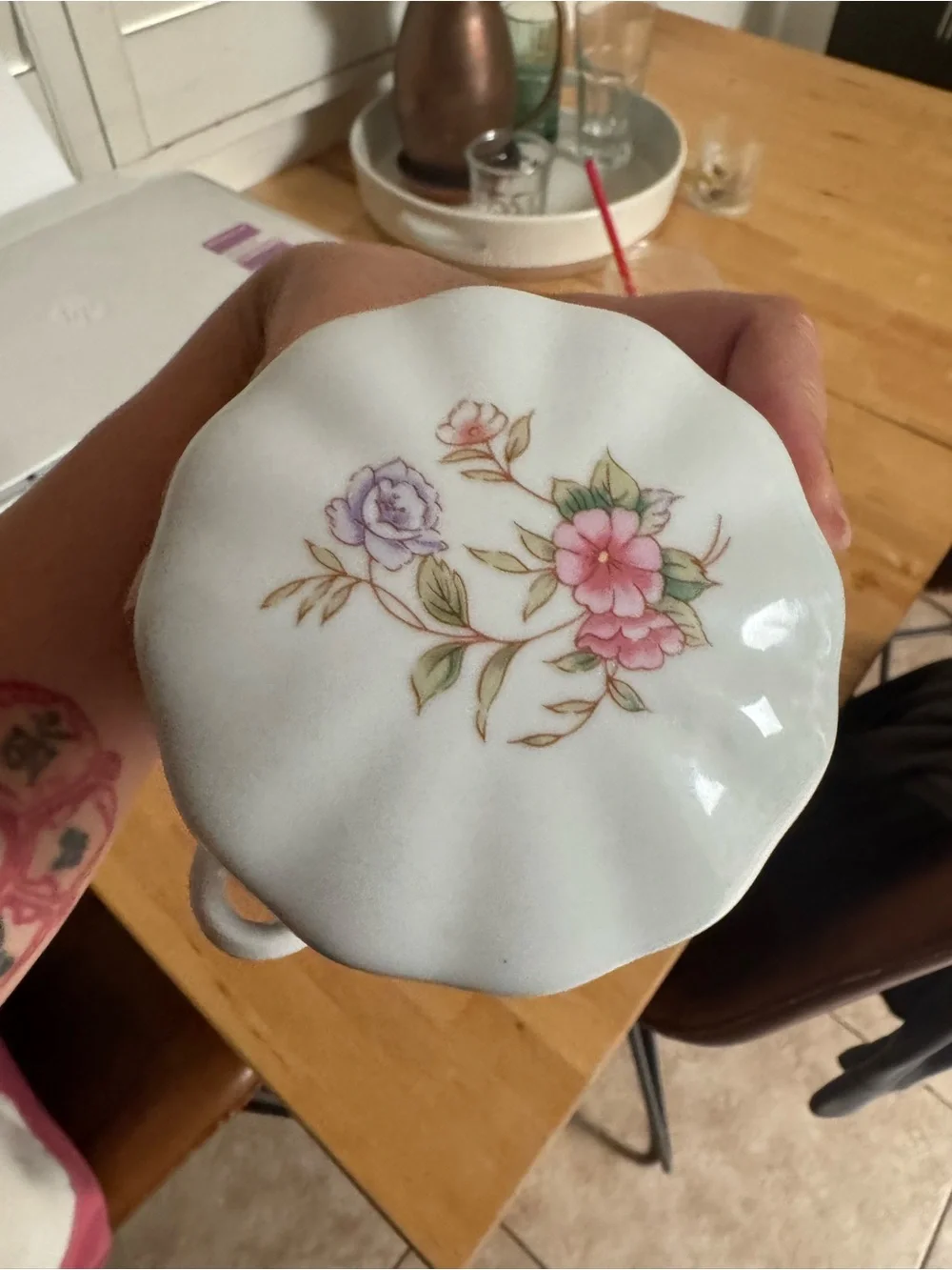 Vintage White Canister with Pink Rose Floral Design